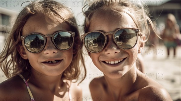 Two young girlfriends posing wearing sunglasses having fun on the beach, generatvie AI, AI generated