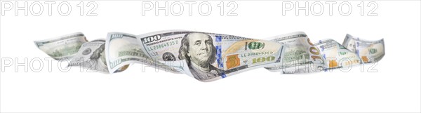 Set of hundred dollar bills floating horizontal row isolated on white