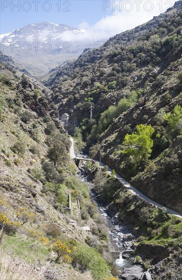 HEP electricity generation River Rio Poqueira gorge valley, High Alpujarras, Sierra Nevada, Granada Province, Spain, Europe