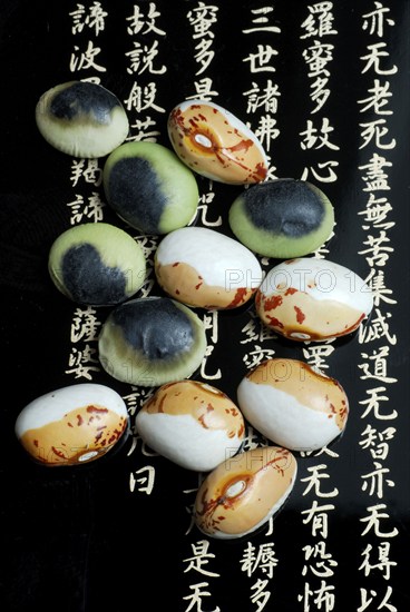 Japanese Soya beans (Glycine max) white-brown from Hokkaido, black-green from Nagano, bean, Sojabeans, characters