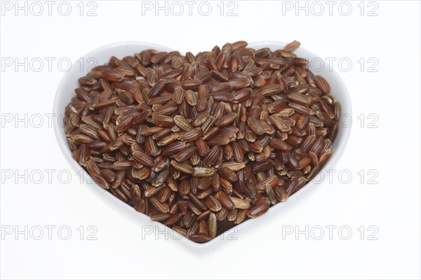 Red rice, Camargue rice from France, rice variety with a red bran layer, usually offered as brown rice, wholemeal product, the rice gets its red colour from the anthocyanin content in its bran layer