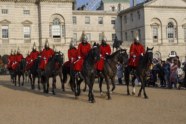 Parade of Horse Guards, soldiers of the Household Cavalry Mounted Regiment, White Hall, Westminster, London, England, Great Britain