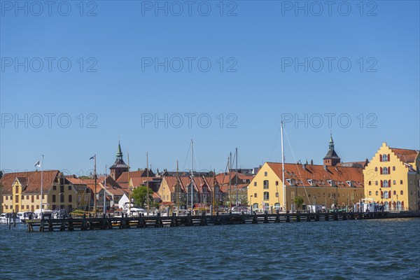 Maritime Svendborg, cityscape, marina, pier, church towers, historic buildings at the museum harbour, Great Belt, Baltic Sea, Fyn, Fyn Island, Denmark, Europe