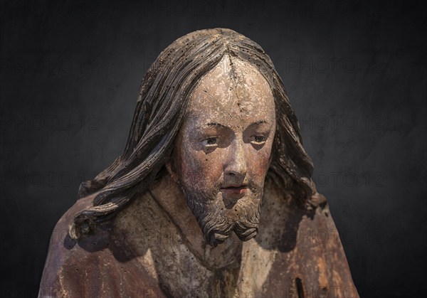 Head of Christ, detail of the Palmesel, wooden figure around 1520, on a dark background, Diözesan Museum, . Rottenburg, Baden-Württemberg, Germany, Europe