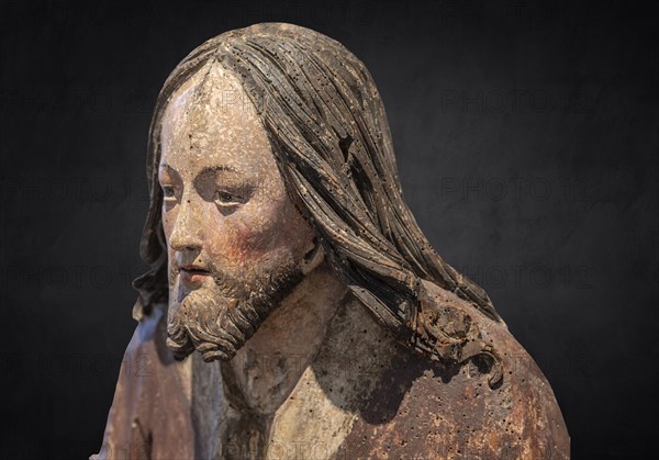 Head of Christ, detail of the Palmesel, wooden figure around 1520, on a dark background, Diözesan Museum, . Rottenburg, Baden-Württemberg, Germany, Europe