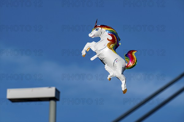 The Rhine Fair in Düsseldorf, in the Rhine meadows in the Oberkassel district, on the Rhine, North Rhine-Westphalia, Germany, Flying Unicorn Gas Balloon, Europe