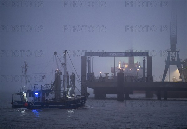 Thick fog in winter, hangs over the mouth of the Elbe into the North Sea, fishing boat, shrimp cutter, SAPHIR, CUX14, enters the harbour of Cuxhaven at dusk, Lower Saxony, Germany, Europe