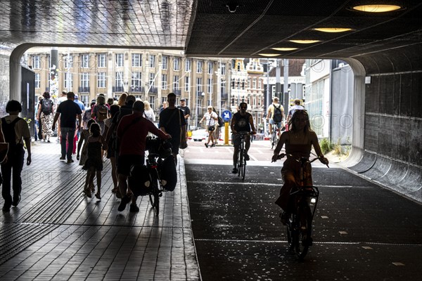 Footpath and cycle path, cycle highway, Cuyperspassage, subway at Central Station, Amsterdam Centraal, Netherlands