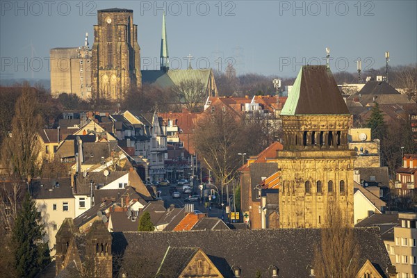 Panoramic view in north direction over Gelsenkirchen, district Buer, Horster Straße, in front tum of Ludgerus church, in the back Sankt Urbanus church