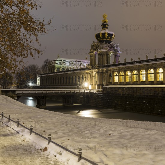 Old Town in the snow, Long Gallery and Crown Gate of the Zwinger at night, Dresden, Saxony, Germany, Europe