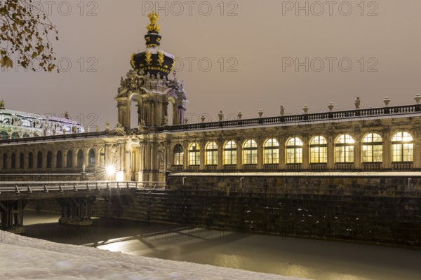 Old Town in the snow, Long Gallery and Crown Gate of the Zwinger at night, Dresden, Saxony, Germany, Europe