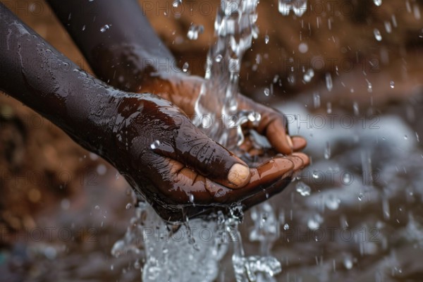 Black person's hand catching water in cupped hand. KI generiert, generiert, AI generated