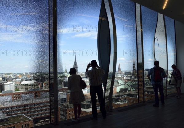 Europe, Germany, Hanseatic City of Hamburg, Elbe, Elbe Philharmonic Hall, Plaza, visitors, view over the city, designed panes, Hamburg, Hamburg, Federal Republic of Germany, Europe