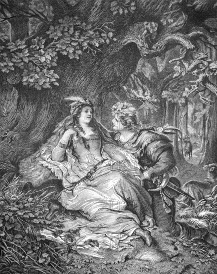 Schoen-Rohtraut, Koenig Ringang's daughter, symbolic image for a German ballad, romantic lovers in the forest, Middle Ages, Historical, digitally restored reproduction from a 19th century original, Record date not stated