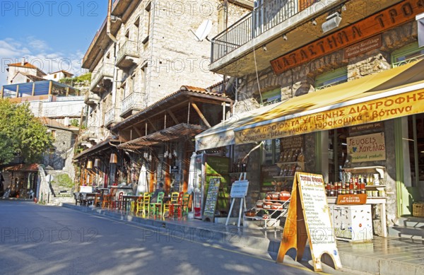 Main street in the morning in the mountain village of Langadia, Arcadia, Peloponnese, Greece, Europe