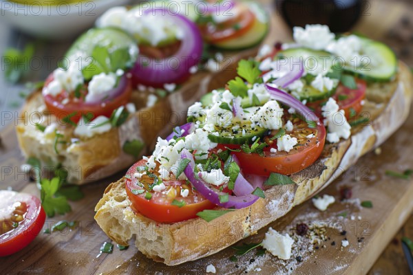 Slice of bread with cucumber, red onions, tomatoes and feta cheese on wooden cutting board. Generative Ai, AI generated