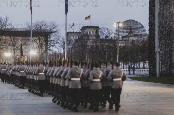 Soldiers from the Bundeswehr Guard Battalion, photographed during a reception with military honours in the courtyard of the Federal Chancellery in Berlin, 13.03.2024