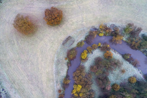 Aerial view of the Hunte in autumn, Meander, Hunte loop, Hunte, river, tree, forest, autumn colours, Huntepadd, Dötlingen, Lower Saxony, Germany, Europe