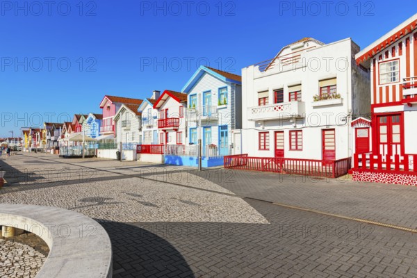 Traditional wooden striped houses, Costa Nova do Prado, Aveiro, Portugal, Europe