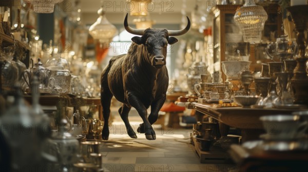 Very large bull with horns in a China shop filled with glassware. generative AI, AI generated