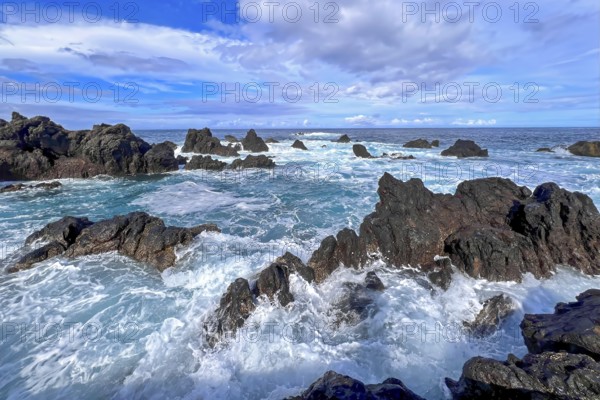 Porto Moniz, northwest of Madeira Island, natural volcanic basin, volcanic rock, bathing holiday, Atlantic Ocean, waves, hiking holiday, panoramic view, hiking trails, hikers, Madeira, Portugal, Europe