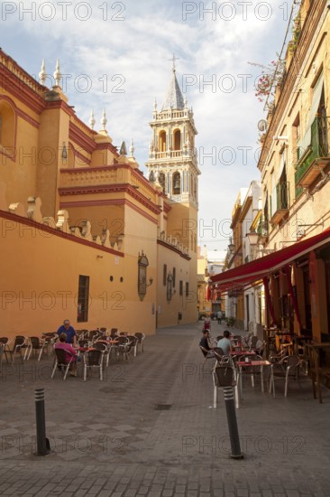 Cafe and alleyway by the Iglesia de Santa Ana, Triana, Seville, Spain, Europe