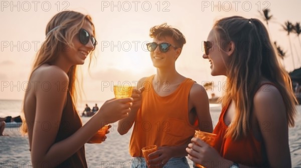 Young adult friends with tropical drinks enjoy the sunset on their vacation, generatvie AI, AI generated