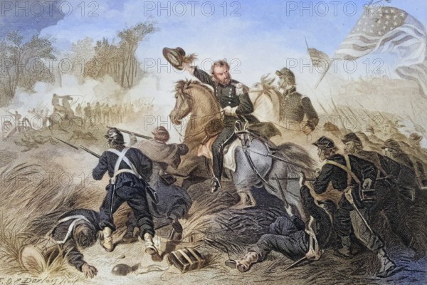 Attack by General Lyons at the Battle of Wilson's Creek, Missouri in 1861, where he was killed. Lyons was the first Union general to be killed in the Civil War, The Battle of Wilson's Creek, also known as the Battle of Oak Hills, took place on 10 August 1861 during the American Civil War, Historic, digitally restored reproduction from a 19th century original, Record date not stated