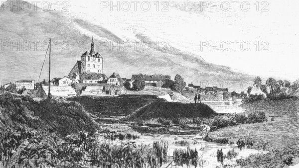 View of Kolberg or Kolobrzeg, Poland, town, river landscape, bank, reeds, hill, basilica, historical illustration 1880, Europe