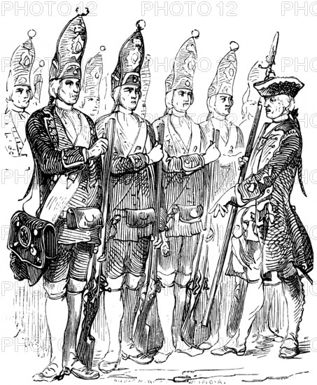 The Potsdam Giant Guard or Long Guys, Regiment of Frederick William I, soldiers in uniform with rifles, officer, Prussian history, historical illustration 1882