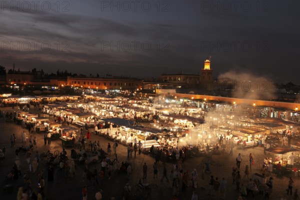 Restaurants in the evening on the Djemaa el Fna square in Marrakech, Morocco, Africa