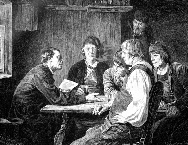 Group of six men discussing a letter from the king in a village pub, 1875, Shown are people in period dress at a table in a pub atmosphere talking seriously, Historic, digitally restored reproduction from a 19th century original, Record date not stated