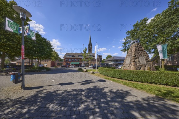 Church of St. Pancratius, war memorial and Weseler Strasse in the Buldern district, Dülmen, Münsterland, Coesfeld district, North Rhine-Westphalia, Germany, Europe