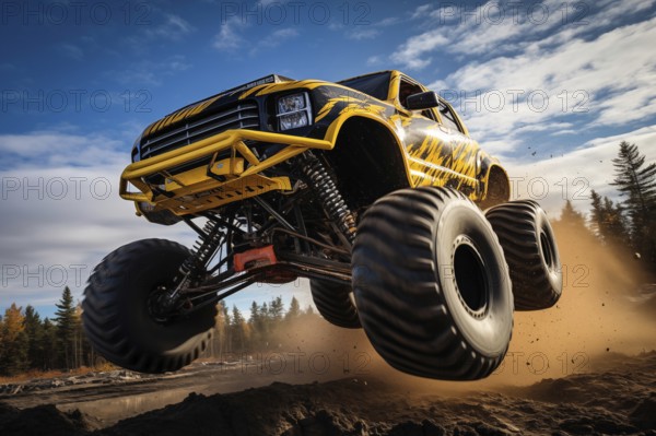 Monster truck driving and jumping outdoors amidst a cloud of dust. Thrill and adrenaline of an outdoor racing event on off-road terrain, AI generated