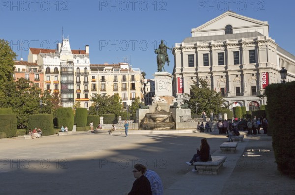 Opera House theatre, Plaza de Oriente equestrian statue King Felipe IV designed by Velazquez, Madrid, Spain, Europe