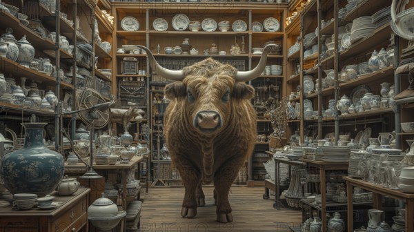 Very large bull with horns in a China shop filled with glassware. generative AI, AI generated