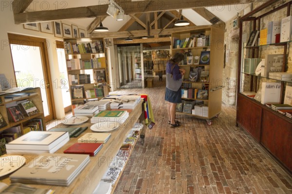 Hauser and Wirth art gallery, restaurant and garden, Durslade Farm, Bruton, Somerset, England, UK book shop interior