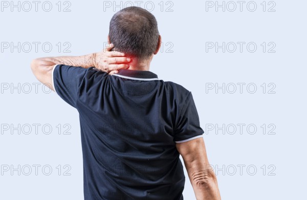 People suffering with neck pain isolated. Rear view of Mature man with neck tension isolated. Neck pain and stress concept