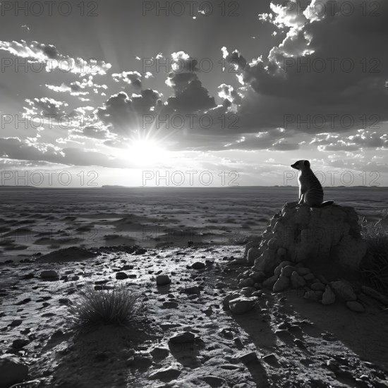 Meerkat silhouetted against the setting sun standing atop a termite mound in the kalahar desert, AI generated