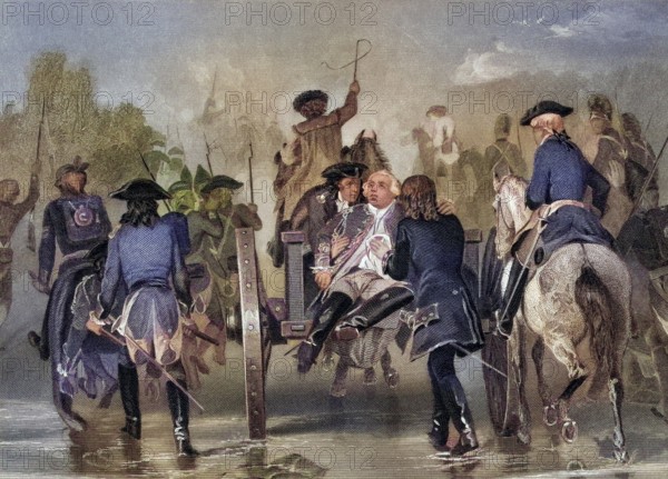 Mortally wounded General Edward Braddock (1695? to 1755) retreats from the Monongahela River in 1755 after an attack by French and Indian troops. After Alonzo Chappel from Life and Times of Washington Volume 1, published 1857, Mortally wounded General Edward Braddock 1695? to 1755 retreats from the Monongahela River in 1755 after attack from French and Indian forces After Alonzo Chappel from Life and Times of Washington Volume 1 published 1857, Historic, digitally restored reproduction from a 19th century original, Record date not stated