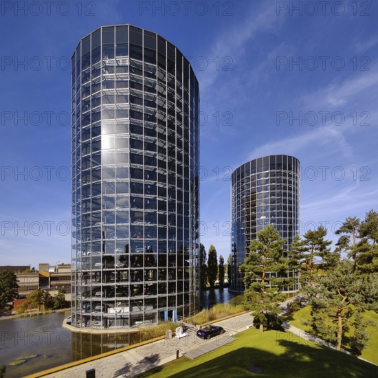 The two car towers with new cars for delivery on the grounds of the Autostadt, Volkswagen AG, Wolfsburg, Lower Saxony, Germany, Europe