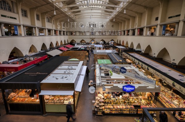 Interior view of market hall, food market, logo, lettering, Stuttgart, Baden-Württemberg, Germany, Europe