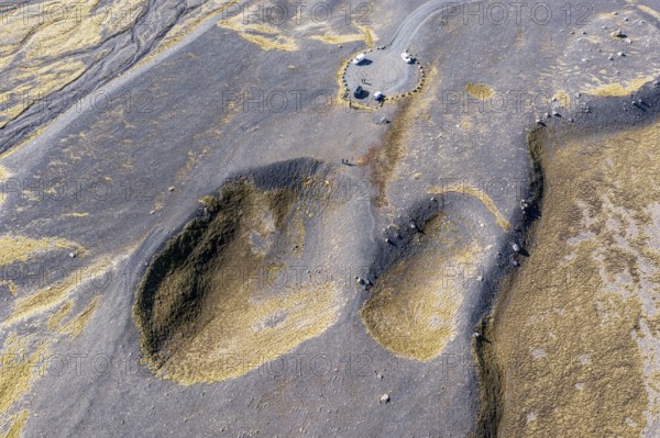 The Haalda depression, two holes formed by sand-covered, slowly melting icebergs, floodplain of the glacier Öræfajökull, east of Skaftafell, viewpoint, aerial view, Iceland, Europe