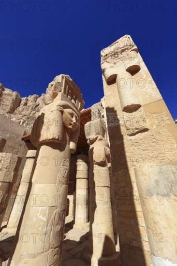 Part of the temple complex, column with head, mortuary temple of Hatshepsut, Hatshepsut Temple in Deir el-Bahari on the west bank of the Nile in Thebes, Africa, Egypt, Upper Egypt, Africa