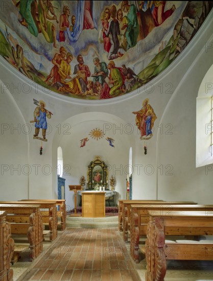 Lake chapel Maria am See, interior view, Obernberger See, mountain lake, landscape of the Stubai Alps, Obernberg am Brenner, Tyrol, Austria, Europe