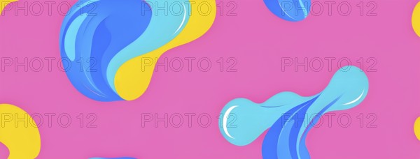 Abstract image with colorful yellow and turquoise blobs and liquid shapes on a pink background, AI generated