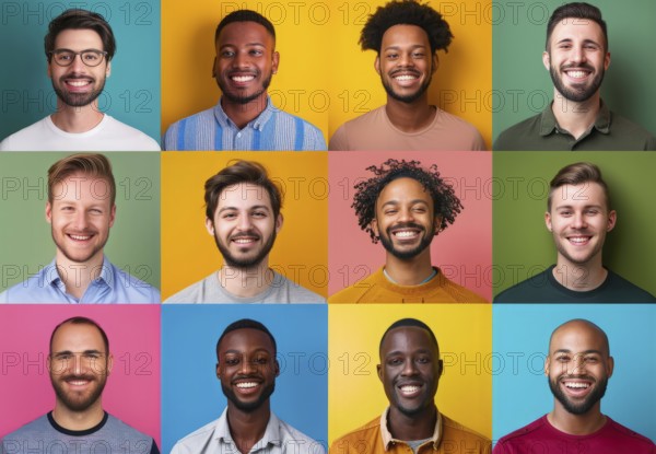 Diverse group of men posing for portraits. Multiple portraits with colored backgrounds, AI generated