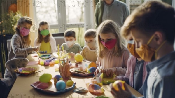 Several children wearing medical masks decorating easter eggs at the kitchen table, generative AI, AI generated