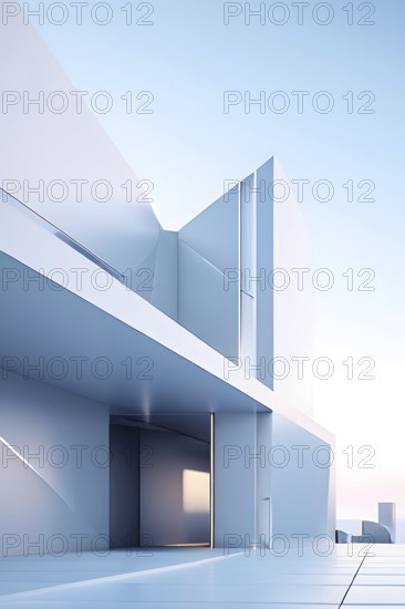 Minimalist architectural composition of modern buildings, with clean angles, rendered in geometric forms and soft hues of grey, cream, and light blue, AI generated