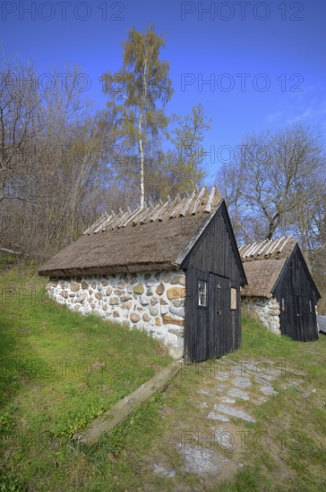 Old thatched fishing hut in Knäbäckshusen, a small fishing village near Rörum, Simrishamn municipality, Skåne County, Sweden, Scandinavia, Europe